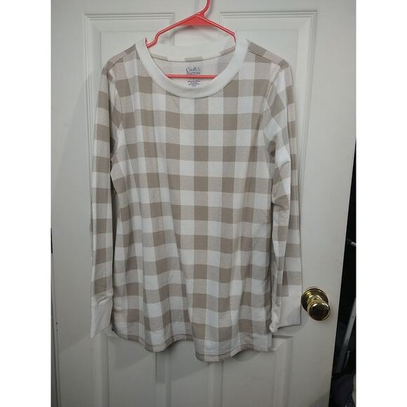 Croft&Barrow Woman L Brown Cream Plaid Tunic Sweatshirt Pullover Casual Comfort - Picture 1 of 10